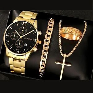 Stainless Steel Quartz Watch + Necklace + Bracelet + Ring - Gold