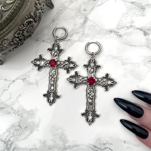1Pair Gothic Cross Earrings  For Women,Sliver And Red Baroque Relief Flower Grunge Hoop Earrings Halloween Witchcraft Vampire Vintage Jewelry