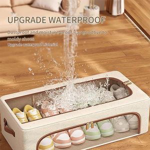 Foldable double-window shoe cabinet suitable for all four seasons - dustproof and stackable under-bed storage unit, beige linen with a vintage style.