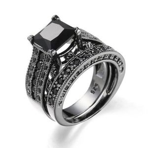 Trio Black Diamonds Engagement Ring Set, Wedding Anniversary