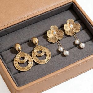 Gold Statement Earrings Set for Women - 2 Pairs Geometric & Floral Dangle Earrings with Pearls