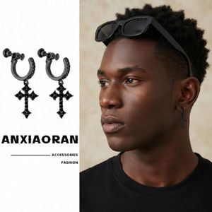 Black Diamond-Studded Cross Screw-Back Clip-On Earrings Unisex Non-pierced Jewelry