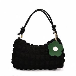 Stylish Black Bubble Hobo Shoulder Bag with Flower Charm - Casual Cloud Pouch Handbag for Women