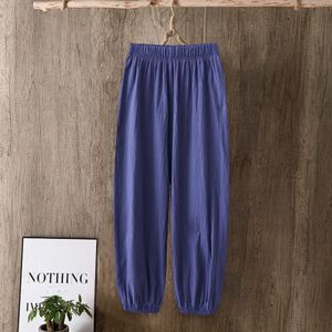 Women Cotton Linen Pants Fashion Solid Color Elastic Waist Loose
