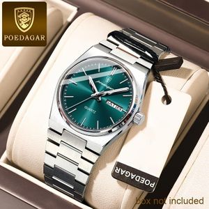POEDAGAR 's Elegant Green Luminous Calendar Watch - Waterproof Stainless Steel Ultra-Thin Quartz Wristwatch with Minimalist Design for Casual & Formal Wear, Casual Attire, Korean Fashion, Sleek Metallic Strap