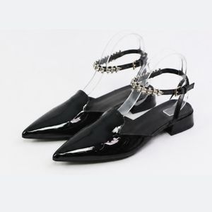 Women’s Pointed Toe Low Heel Slingback Flats with Rhinestone Strap - Black