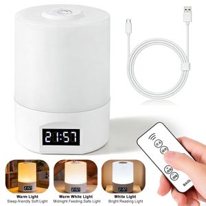 LED Night Light with Digital Clock, Dimmable Eye-Protecting Light, Rechargeable with Touch and Remote Control for Bedroom & Bedside Use