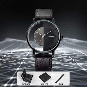 Tomi 3PCS T080 Luxury Business Gift Box Set Men Watch Wallet Simple Leisure Creative Hollow Dial Men Quartz Watch Watch Clock Gifts-Black