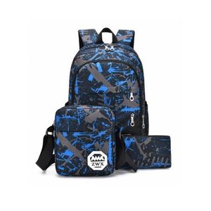 3Pcs USB Charging School Backpack Set - Large Capacity Teen Laptop Bag with Shoulder Bag & Small Pouch - Blue