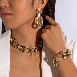 Women's Leopard Print Statement Jewelry Set - Gold Multi-Link Necklace, Bracelet & Earrings