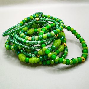 Women's Stackable 10-piece Beaded Bracelet Set - Green/Gold