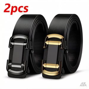 2pcs Belt men's genuine leather toothless automatic buckle cowhide belt men's youth business belt