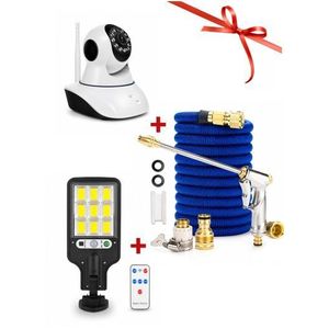 3-in-1 Home Security & Cleaning Kit - Solar Motion Sensor LED Wall Light with Remote, Expandable High-Pressure Water Hose & 720P WiFi Night Vision Camera