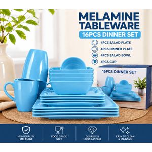16PCS Sky Blue Melamine Dinner Set – Plates, Bowls & Cups