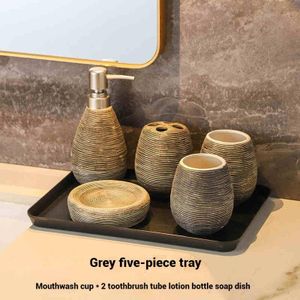NIKIHONG 6 Piece Ceramic Bathroom Accessory Set -Soap Dispenser,Toothbrush Holder,Soap Box and Two Toothbrush Cups,with a Black Tray Modern Countertop Sink Decor(Brown) 