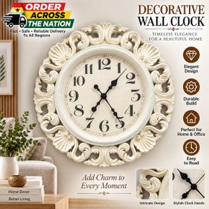 Ele Luxury Decorative Wall Clock – Ornate Floral Design – Cream