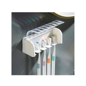 ShebSheb 5 Slots Wall Mount Toothbrush Holder with Cover, Self Adhesive Toothbrush Storage Organizer for Shower, Toothbrush Hanger for Bathroom, Dorm