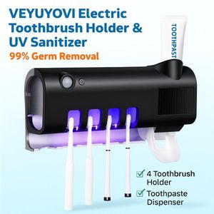 addigoes Toothbrush Holders, UV Toothbrush Cleaner, Wireless Wall Mounted Toothpaste Dispenser,Rechargeable Toothbrush Cleaning Stand, Bathroom Toothbrush Holder with 4 Slots, No Drilling Required(Black)