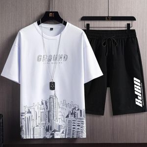 Men's 2pcs Short Sleeved T-shirt and Shorts Set-white T-shirt and black shorts