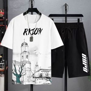 new,2-in-1 short sleeved T-shirt and shorts set for sports and leisure - Black,White - L