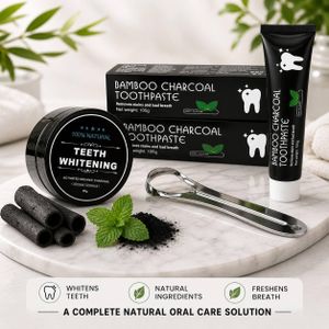 3-in-1 Teeth Whitening Kit – Bamboo Charcoal Toothpaste + Activated Charcoal Powder + Tongue Scraper