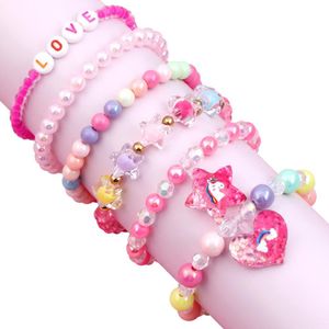 6 Pieces Children's Beaded Bracelet Set Acrylic Heart and Five-Point Star Jewelry for Girls - Multi