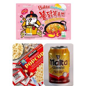 Samyang Netflix & Chill Snack Pack -Carbonara Ramen + Butter Popcorn + Malta Guiness