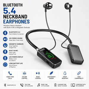Bluetooth 5.4 Neckband Earphones with LED Power Display, Wireless Stereo Headset with Built-in Mic & Magnetic Earbuds, Black