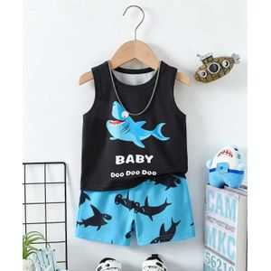 No Boys Toddler Summer Shark Print Sleeveless Set (1-4 Years) - High Stretch & Quick-Dry Tank Top + All-Over Print Shorts, Soft & Breathable Beach/Active Wear