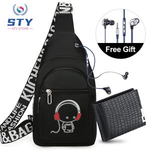 STY Men Luminous Chest Bag Sling Bag + Wallet + Wired Earphones Set - Black