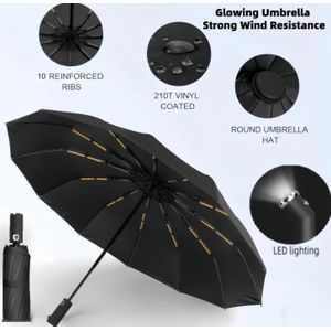 10 bone Fully Automatic Three Fold Umbrella, Rotatable LED Flashlight,Business Wind Resistant Folding Umbrella, Sunny Umbrella