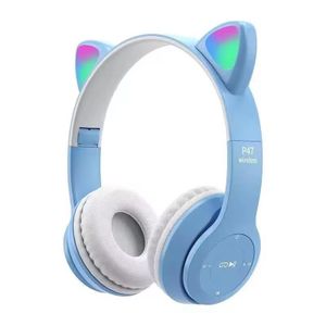 P47 Rechargeable Bluetooth Cat Ear Headphones-Blue 