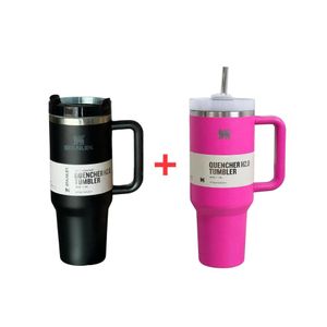 Powerful 2pcs Large 1200ml Vacuum-Stainless Steel Stanley Cup New Modern High Value Dual Wall Metal Mug for Coffee Water Gifts Lid 40oz Back School - Black & Pink 
