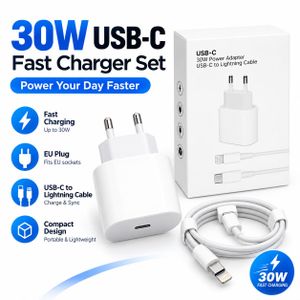 30W USB-C PD Fast Charger with USB-C to Lightning Cable - White