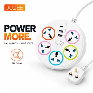 JUZEE 5 Way Universal Power Strip 2M Extension Socket with 3 USB Ports USB A USB C Multi Plug