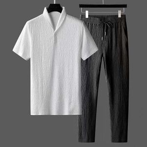 TOUPHY Solid Color Textured Short-Sleeve And Pants Set – Comfortable Textured Fabric, Minimalist Daily Outfit