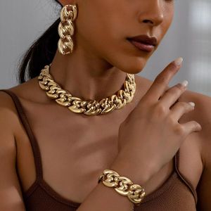 Punk Style Chain Earrings Necklace Bracelet Set for Women - Gold
