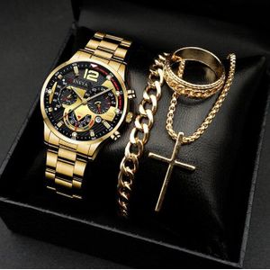 2026 New Men's Business Watch, 4-Piece Set with Watch, Bracelet, Necklace & Ring, Date Watch, Stainless Steel Band Wristwatch, Essential Business Watch Set for Successful Men