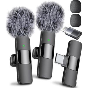 Professional Wireless Lavalier DUAL Microphone MINI Mic Live For IPhone Android IPad  + Hairball Adapter - Black