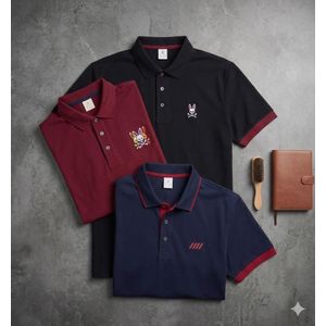 Men's 3-Piece Polo Shirt Set - Wine Red, Black & Navy Blue - Smart Casual Short-Sleeve