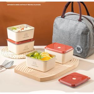 Hot Plat 4 pieces Cream colored insulated food warmer with a red lid and a grey insulated lunch bag