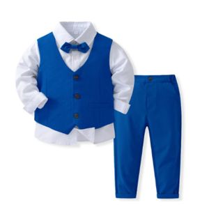 Royal Blue Boys 4-Piece Formal Suit Set – White Shirt, Vest, Bow Tie & Trousers