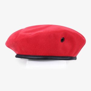 Classic Unisex Red Wool Military Beret Hat – PU Leather Trim Edge & Breathable Eyelets