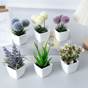 Set of 6 mini potted plants, artificial flowers in small plastic white pots, perfect for indoor table, windowsill, and bookshelf decoration.