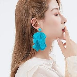 Elegant Blue Floral Petal Drop Earrings  – Statement Jewelry for Women
