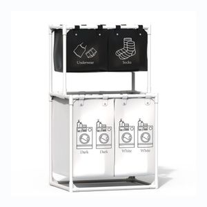 Laundry Sorter 4 Sections with 2 Tier Design, Large Capacity Laundry Hamper with 4 Removable Bags, Space Saving Dirty Clothes Organizer for Laundry Room, Bedroom and Bathroom