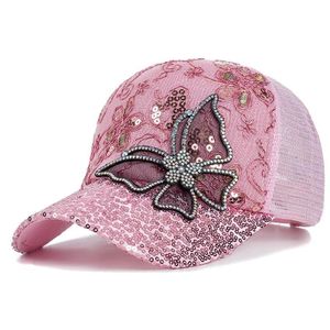  sequined baseball cap with butterfly design - breathable sunshade net fabric hat for women ----pink