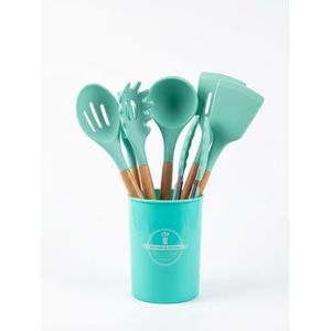 Non-Stick Silicone Kitchen Utensil Set with Wooden Handles & Storage Crock – Heat-Resistant Cooking Spatula, Ladle, Tongs & Turner Kit – Green