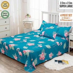 King Size 4-Piece Bed Sheet Set - 2.2 x 2.3m Flamingo Floral Pattern Soft Bedding with 3 Pillowcases - Ideal for Bedroom Decor