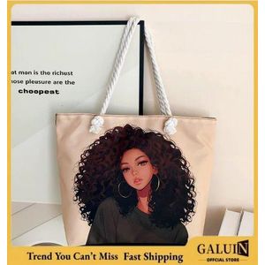GALUIN Light apricot base, casually wavy hair, printed tote bag, rope shoulder strap, gentle style.